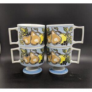 Vtg Florencia Mug Set of 4 Footed Blue with Fruit MCM Tea Coffee Floral 8 oz